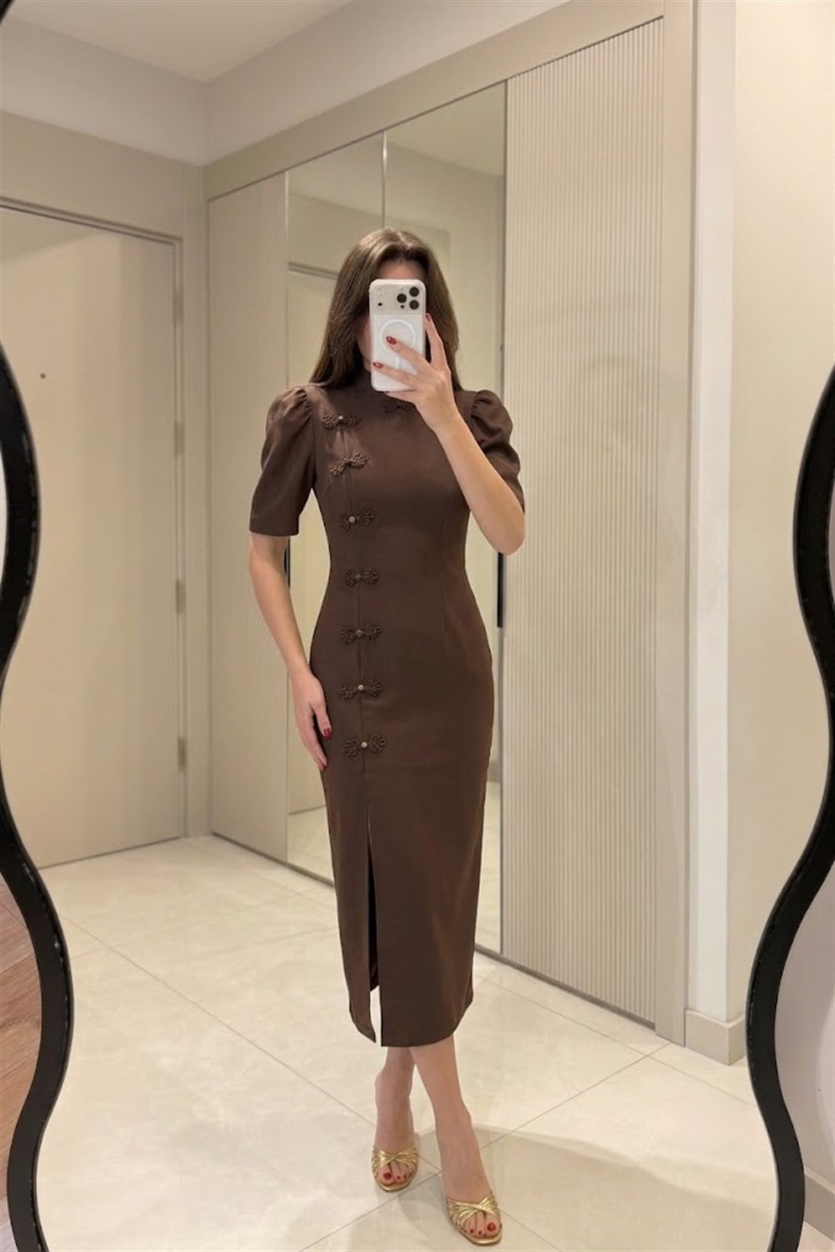 Osvaldo Kahve Çin İlikli Balon Kol Elbise