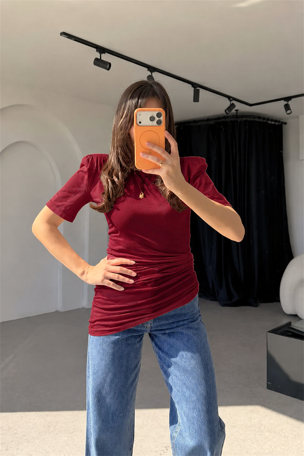 Oswald Bordo Vatkalı Yandan Büzgülü Tshirt