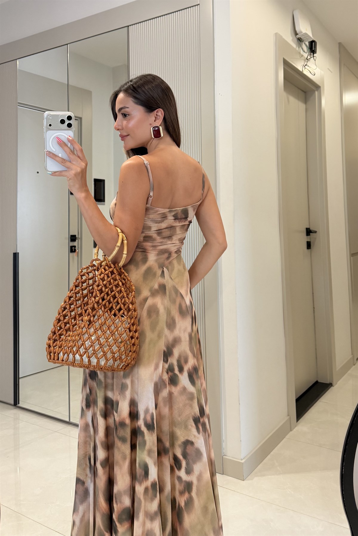 Ottavia  Kahve Leopar Askılı Maxi Elbise