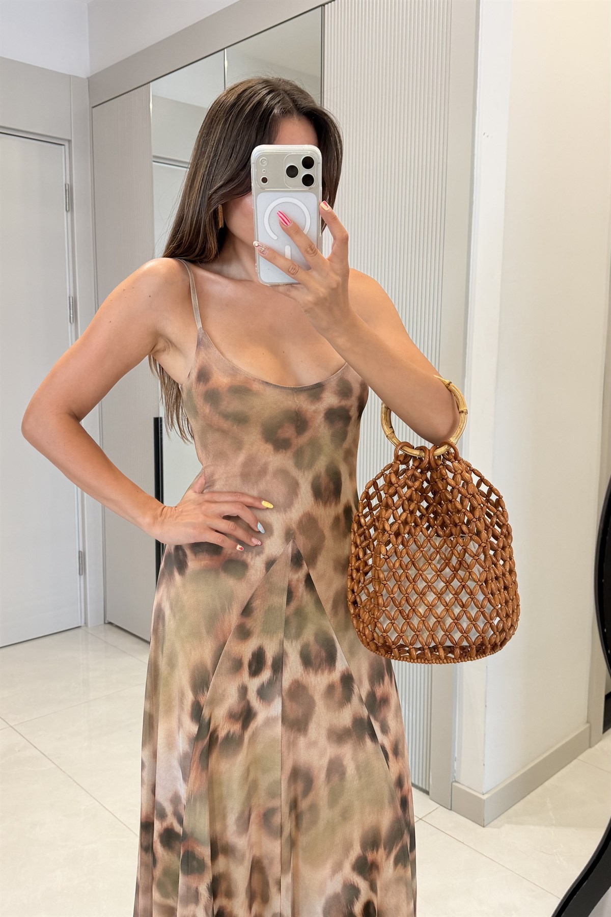 Ottavia  Kahve Leopar Askılı Maxi Elbise