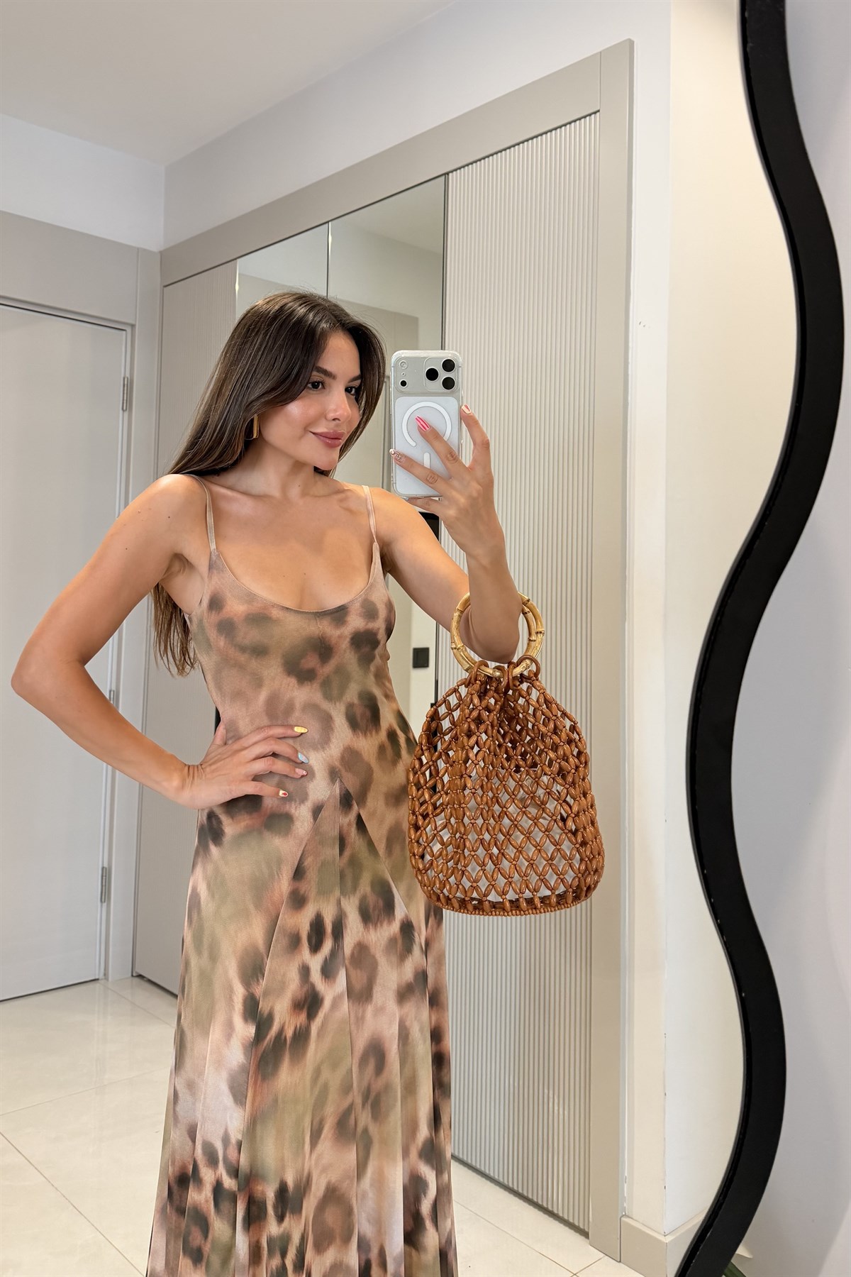 Ottavia  Kahve Leopar Askılı Maxi Elbise