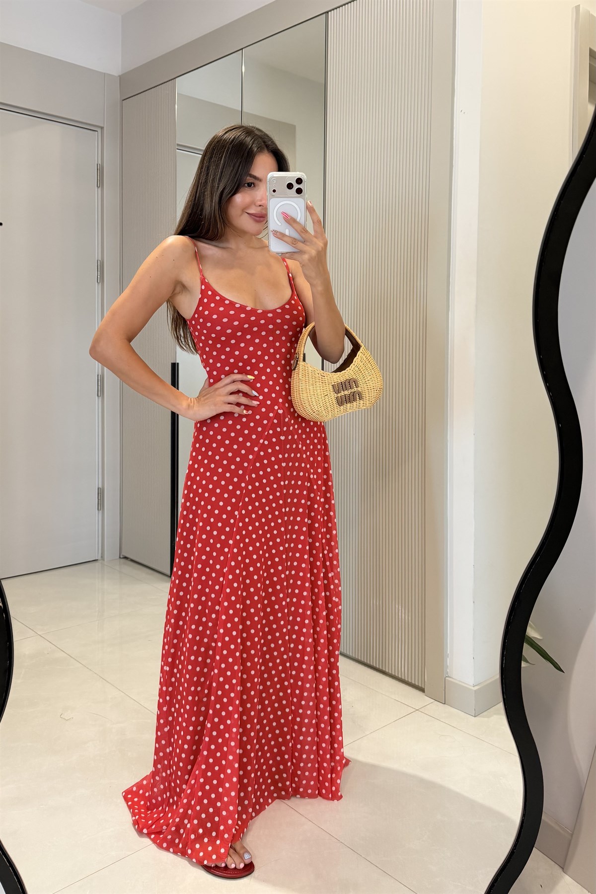 Ottavia Kırmızı Puantiyeli Askılı Maxi Elbise