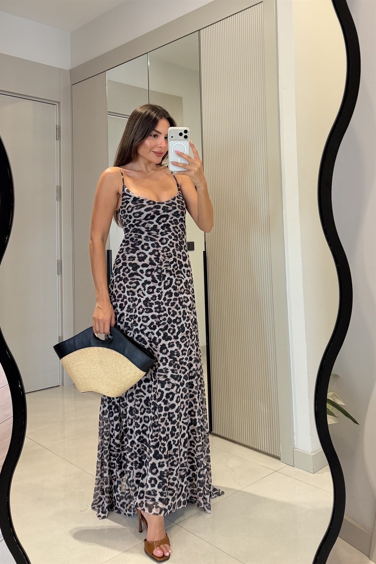 Ottavia Leopar Siyah Askılı Maxi Elbise