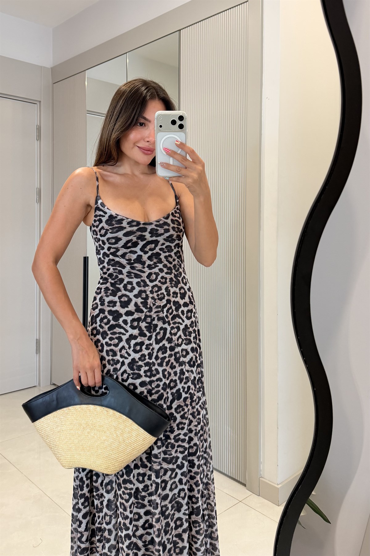 Ottavia Leopar Siyah Askılı Maxi Elbise