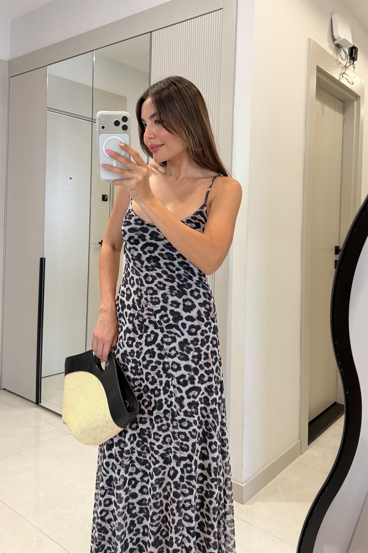 Ottavia Leopar Siyah Askılı Maxi Elbise