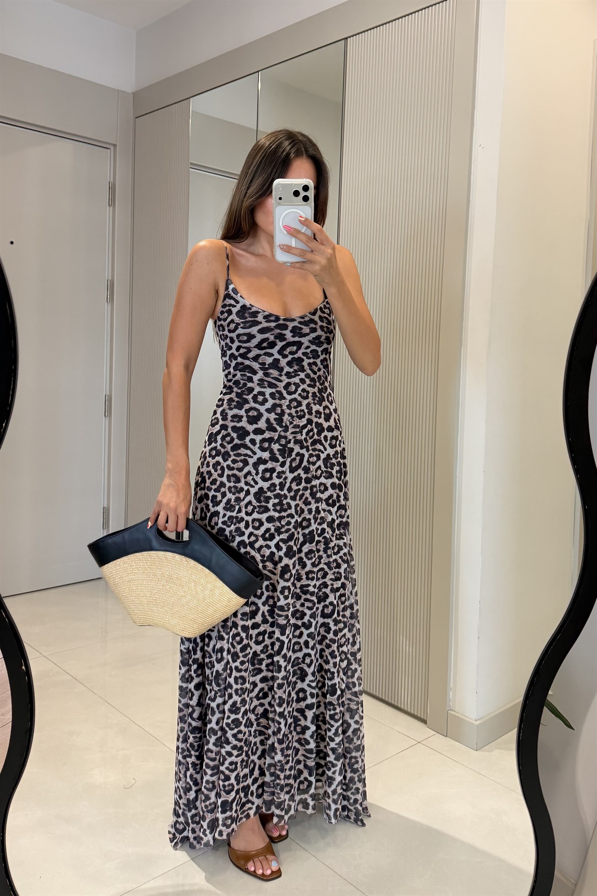 Ottavia Leopar Siyah Askılı Maxi Elbise