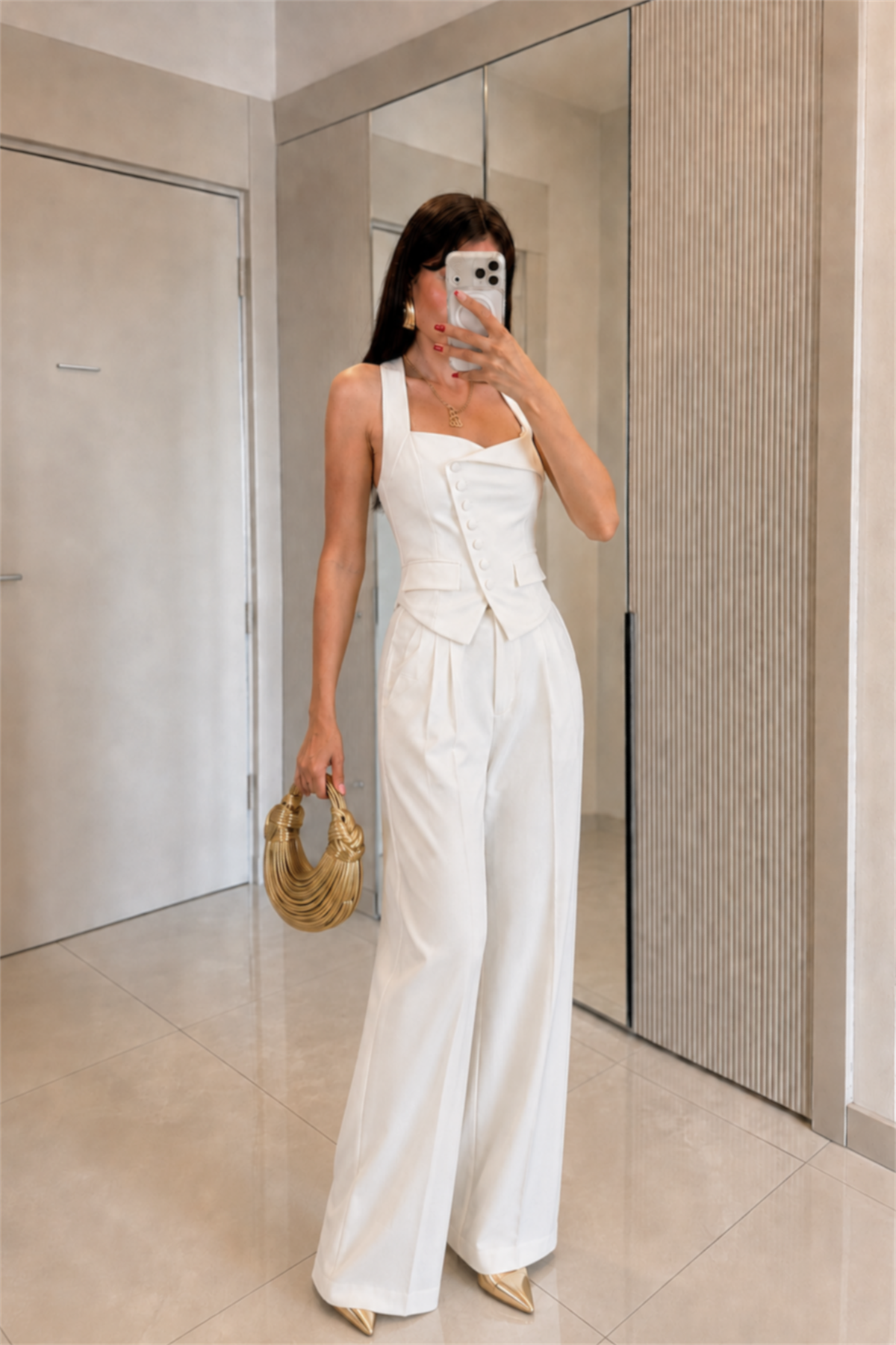 Ottilie Beyaz Palazzo Premium Kumaş Pantolon