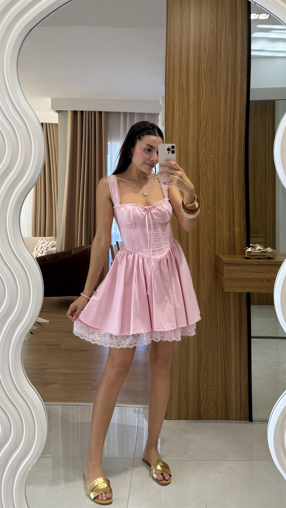 Oxana Pembe Dantel Korsel Etkili Elbise