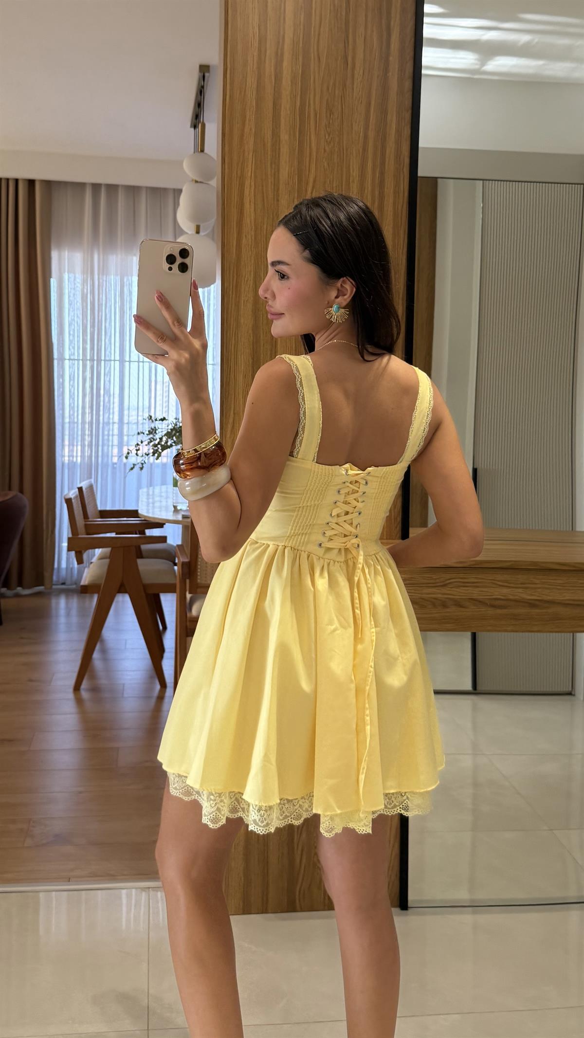 Oxana Sarı Dantel Korsel Etkili Elbise
