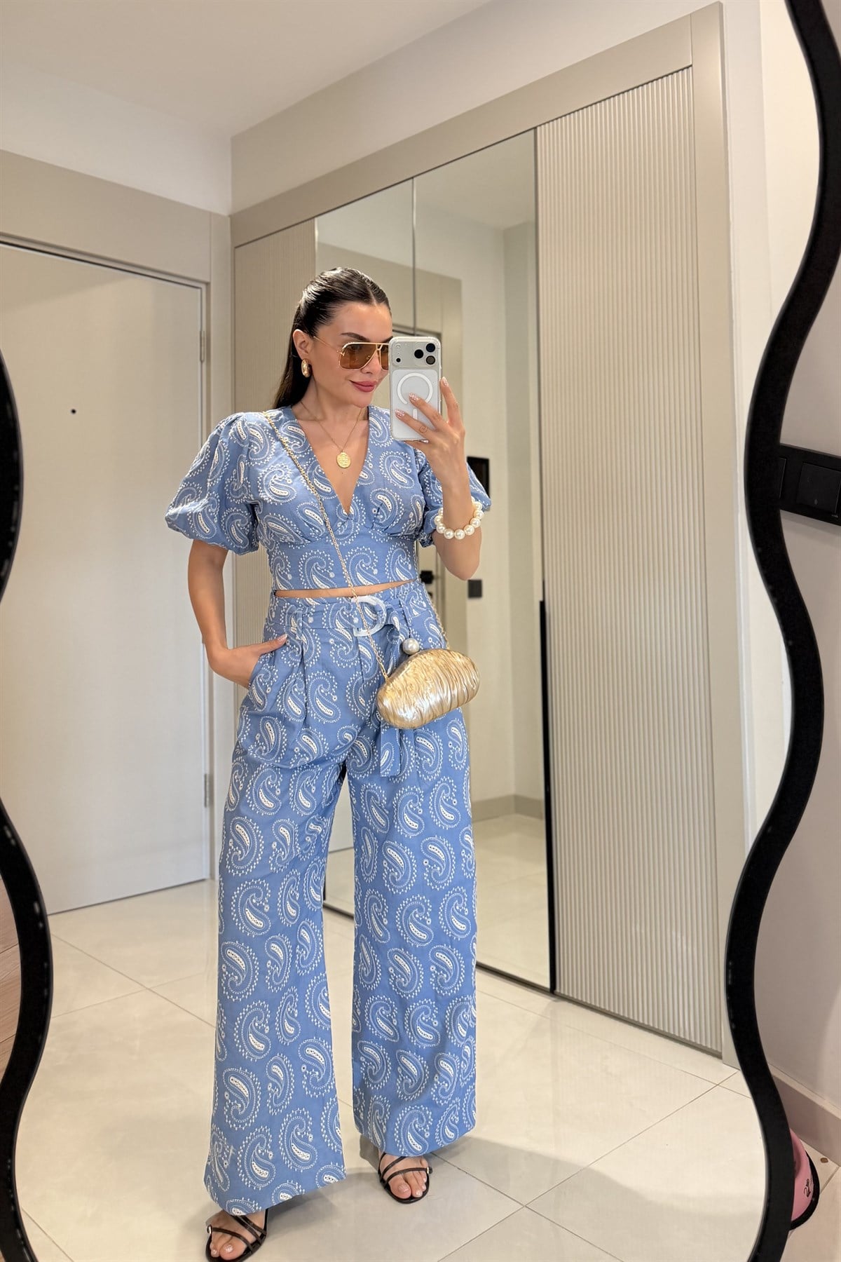 Paisley İndigo Kendinden Kemerli Pantolon