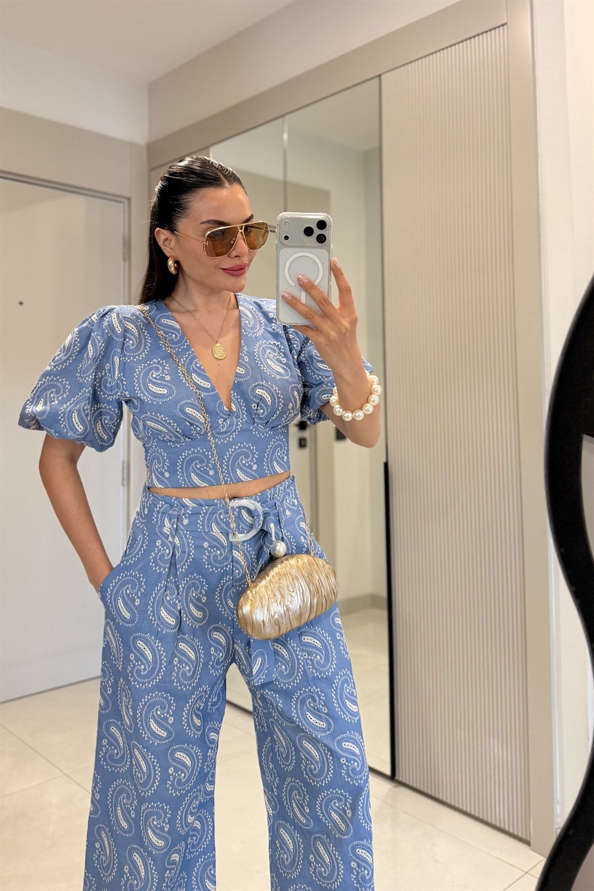 Paisley İndigo V Yaka Balon Kol Bluz