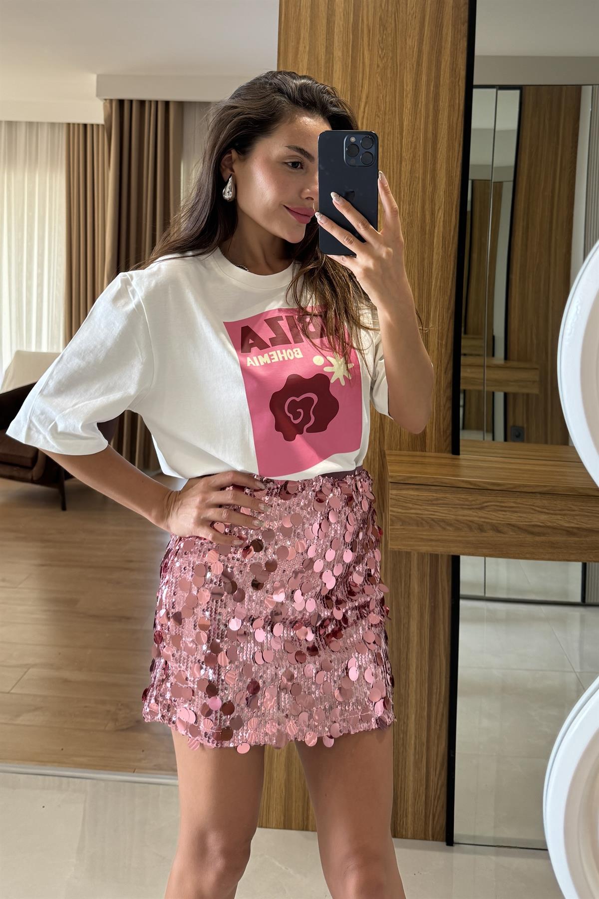 Palau Pembe Payet Detaylı Mini Etek