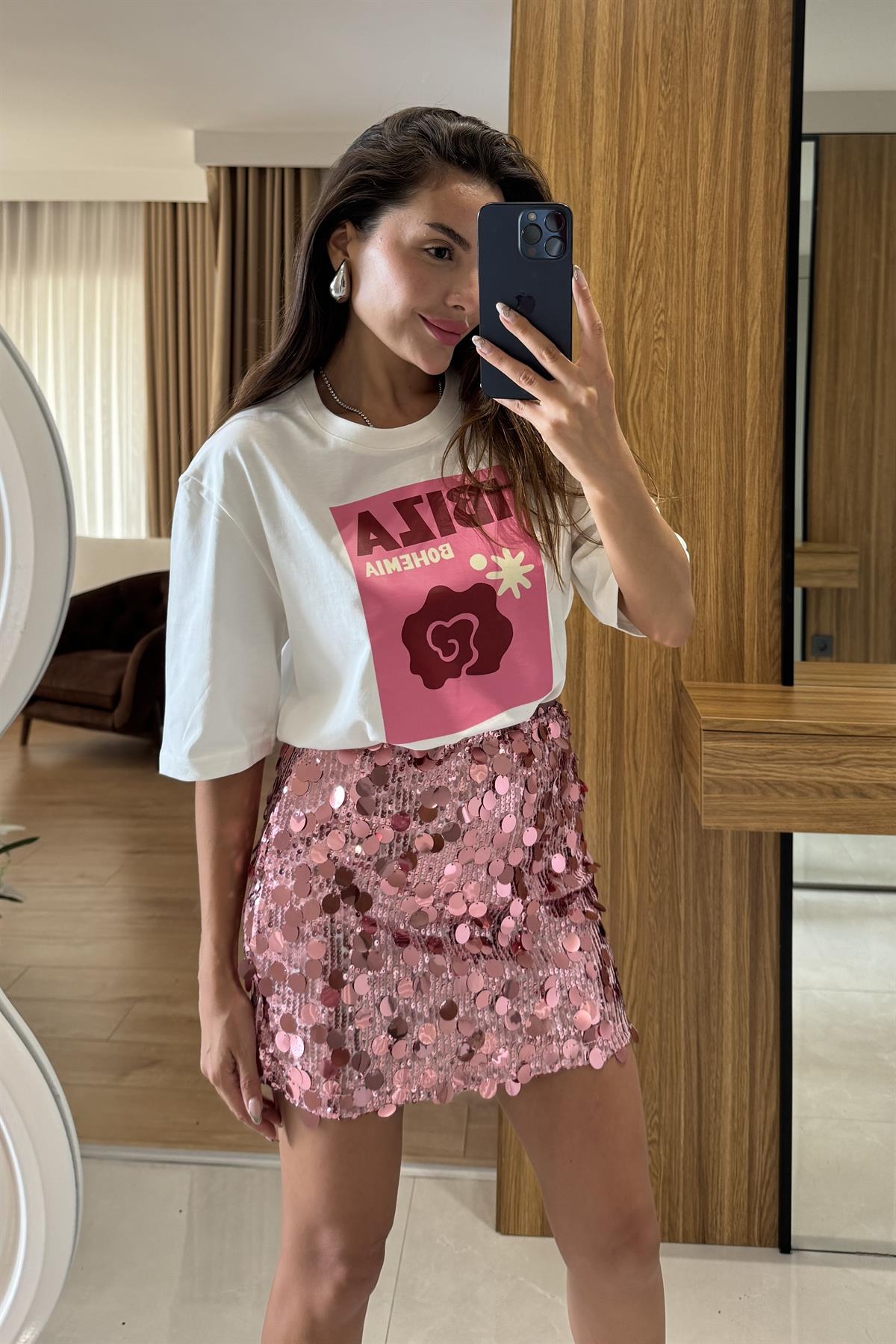 Palau Pembe Payet Detaylı Mini Etek