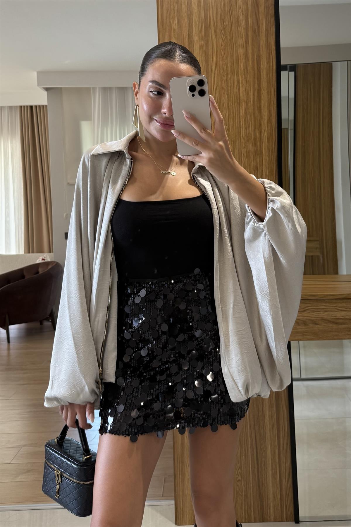 Palau Siyah Payet Detaylı Mini Etek