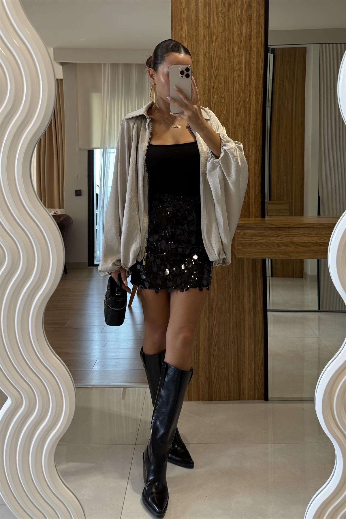 Palau Siyah Payet Detaylı Mini Etek