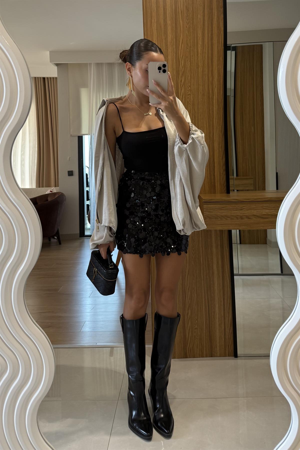 Palau Siyah Payet Detaylı Mini Etek