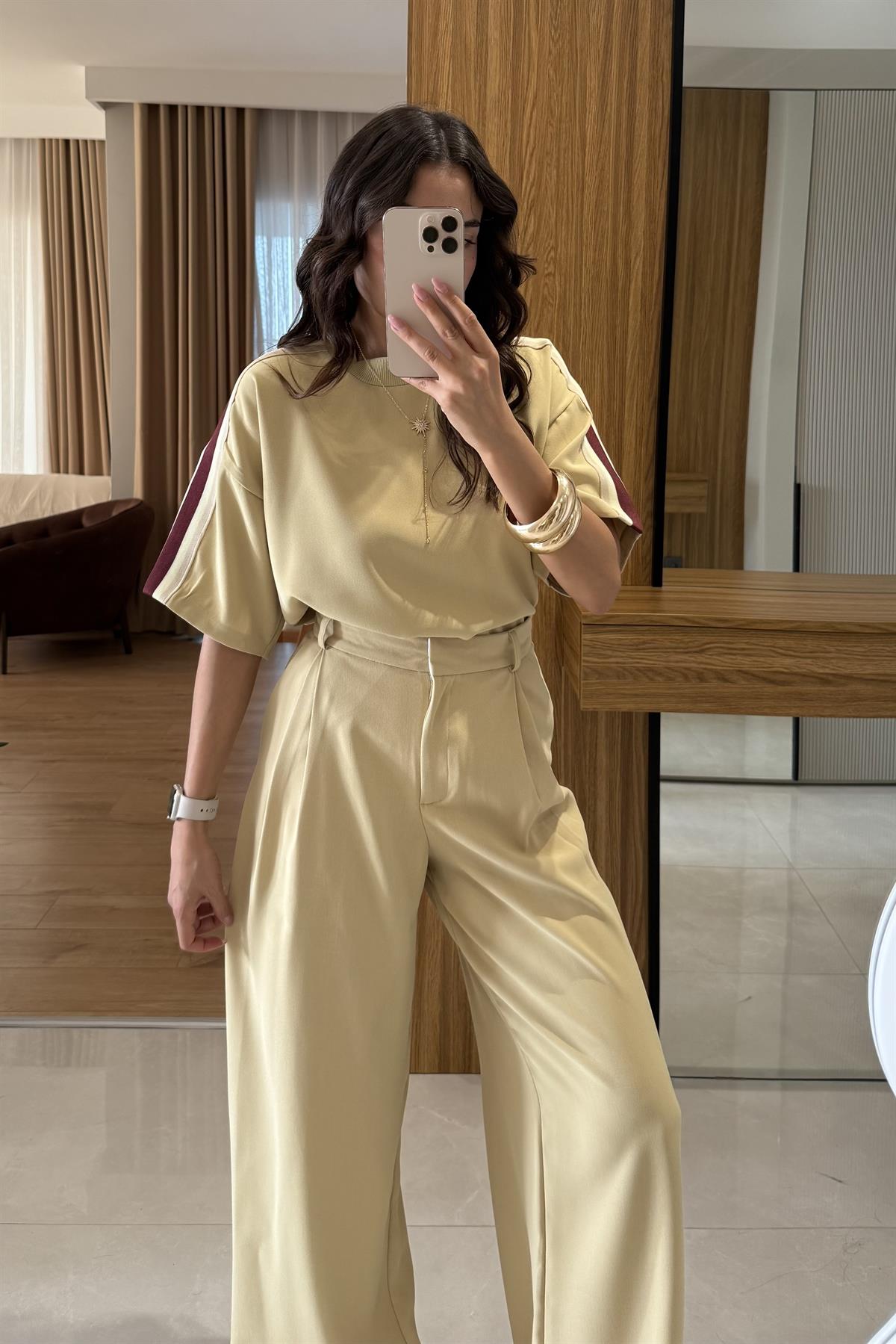 Palmas Açık Sarı Yarım Kollu Şeritli -Tshirt