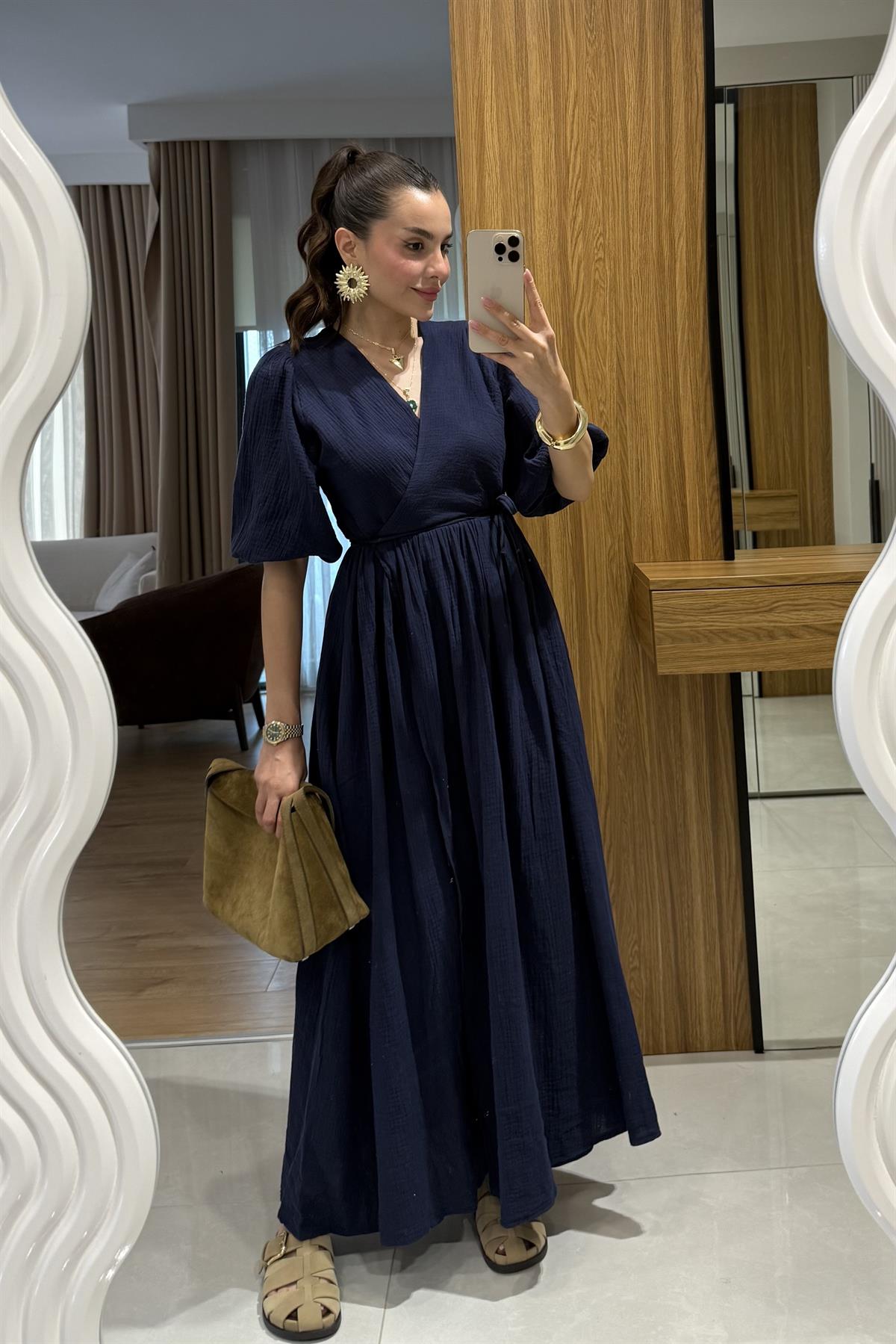 Palmier Lacivert Balon Kol Müslin Elbise