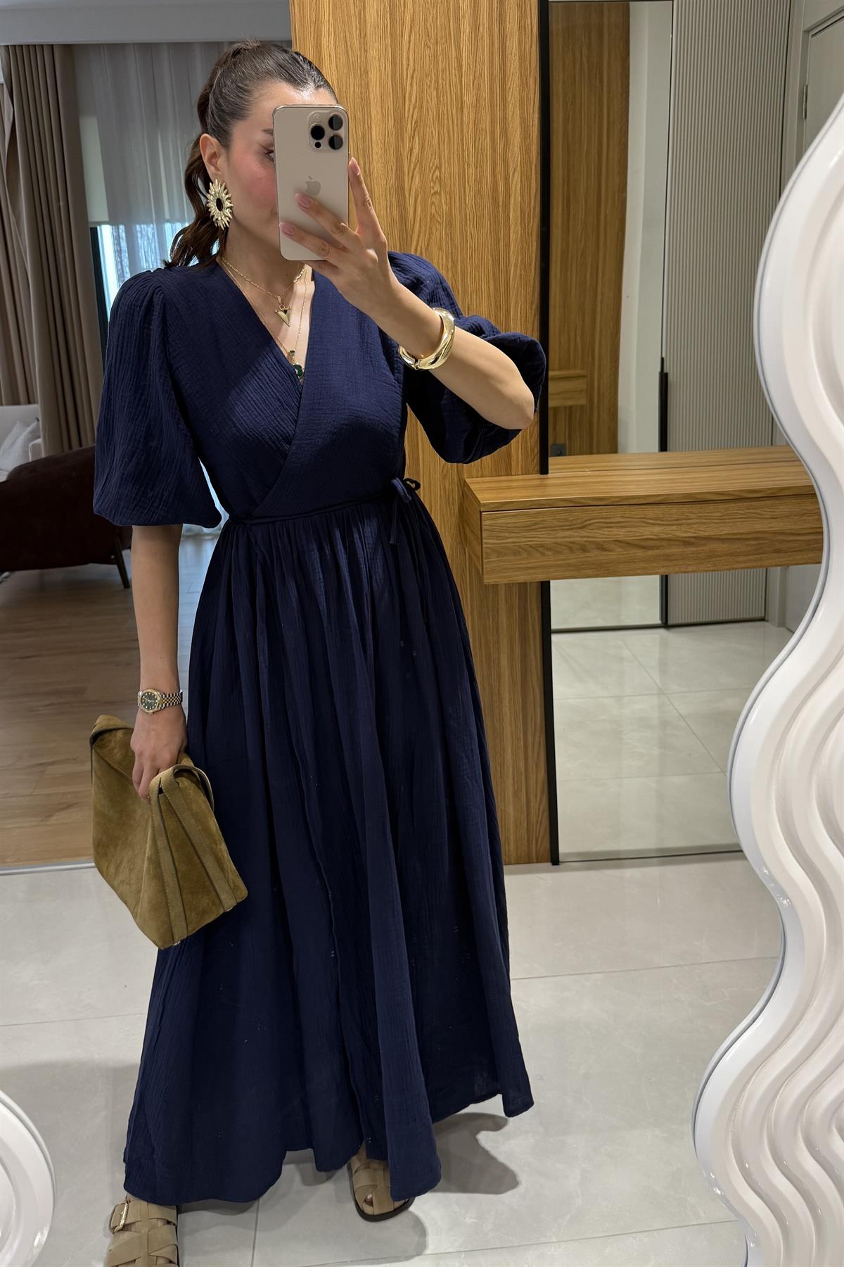 Palmier Lacivert Balon Kol Müslin Elbise