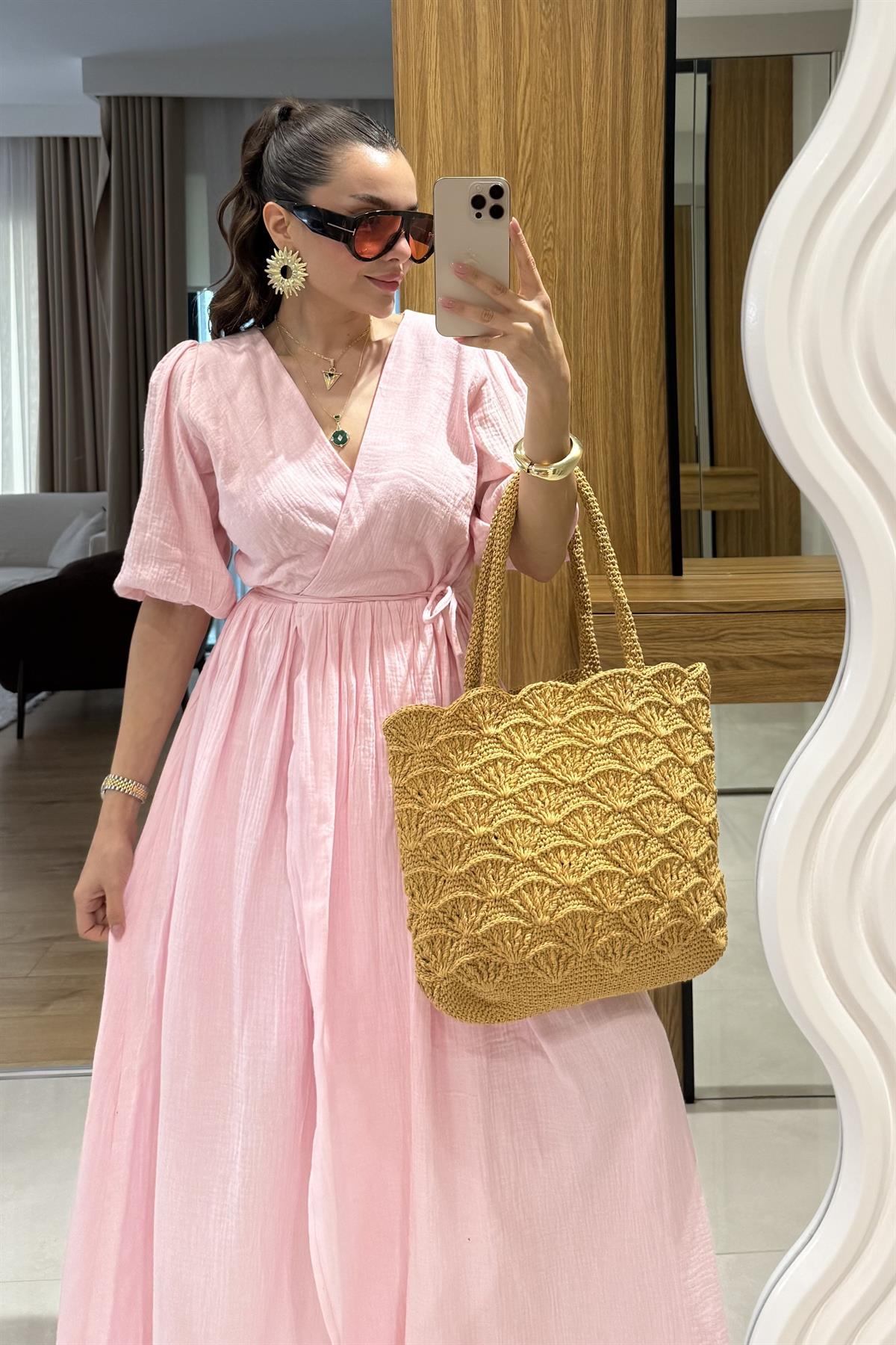 Palmier Pembe Balon Kol Müslin Elbise