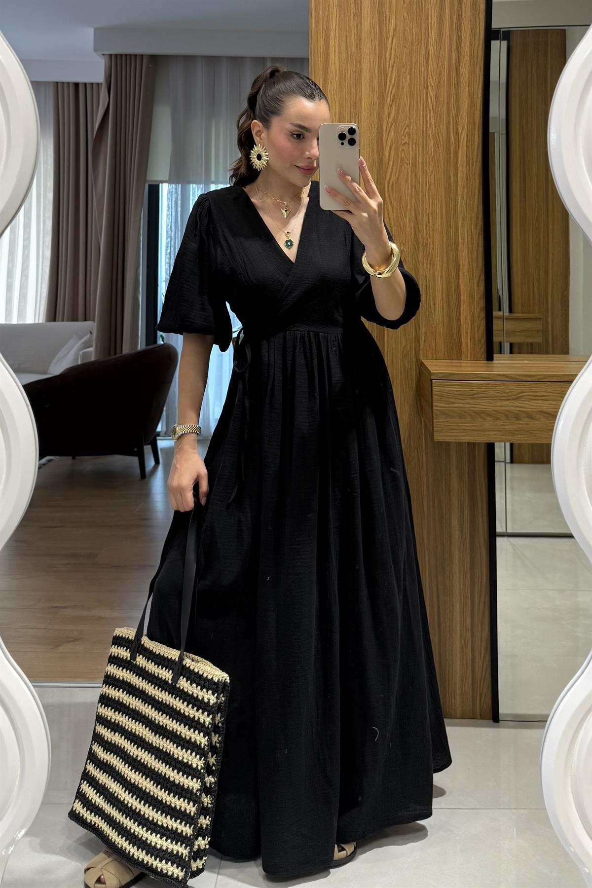 Palmier Siyah Balon Kol Müslin Elbise