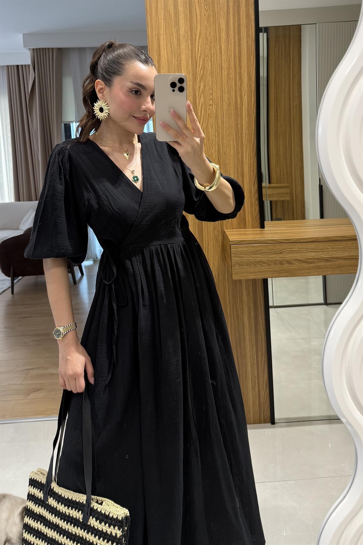 Palmier Siyah Balon Kol Müslin Elbise