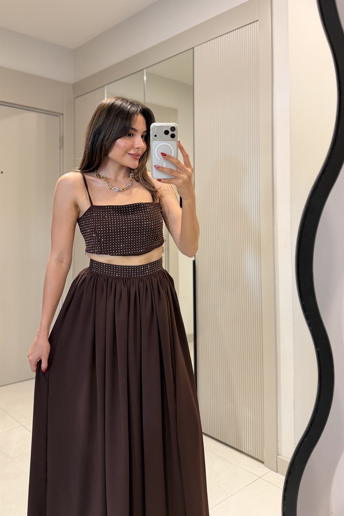 Pamela Kahve Taşlı Crop Etek Takım