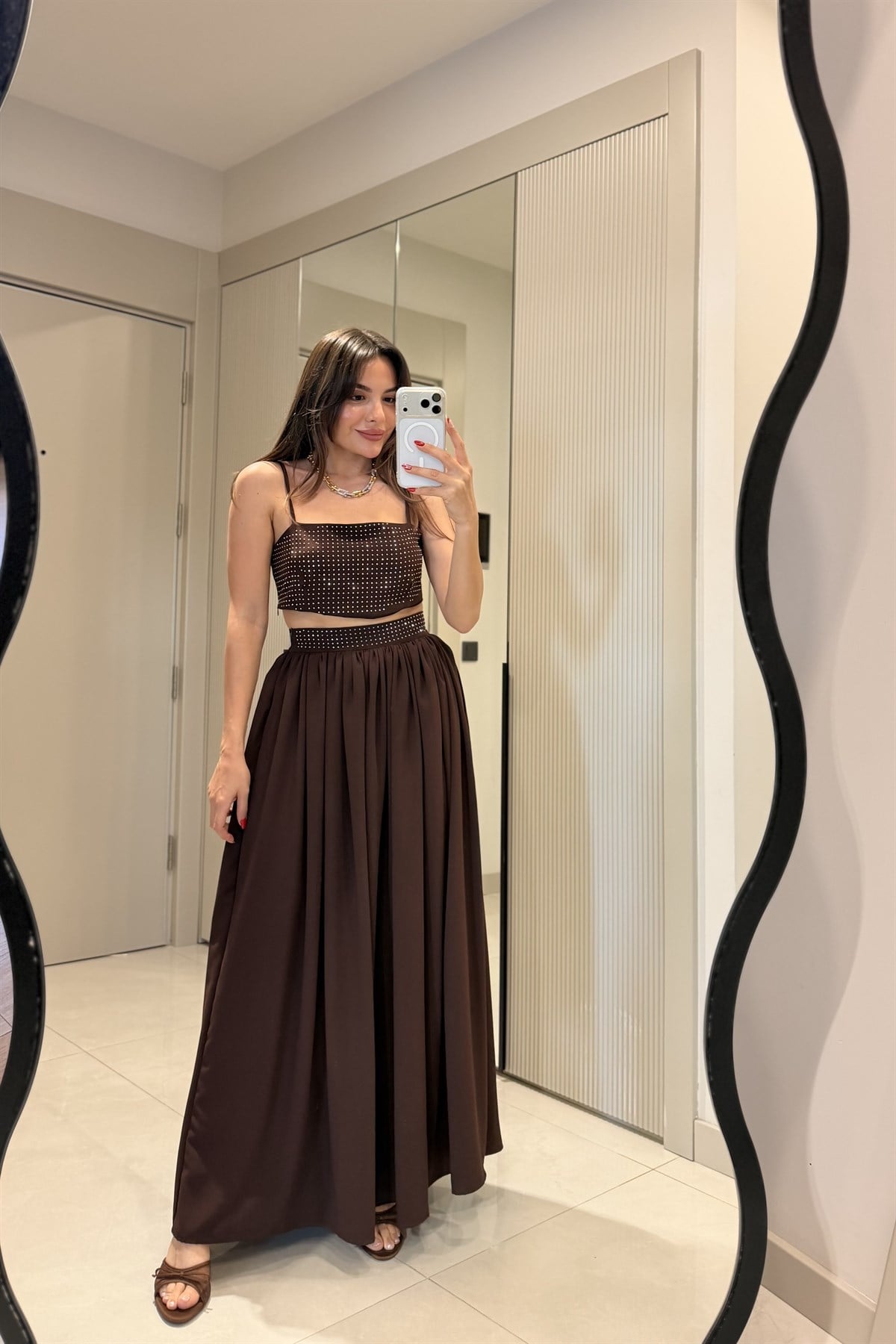 Pamela Kahve Taşlı Crop Etek Takım