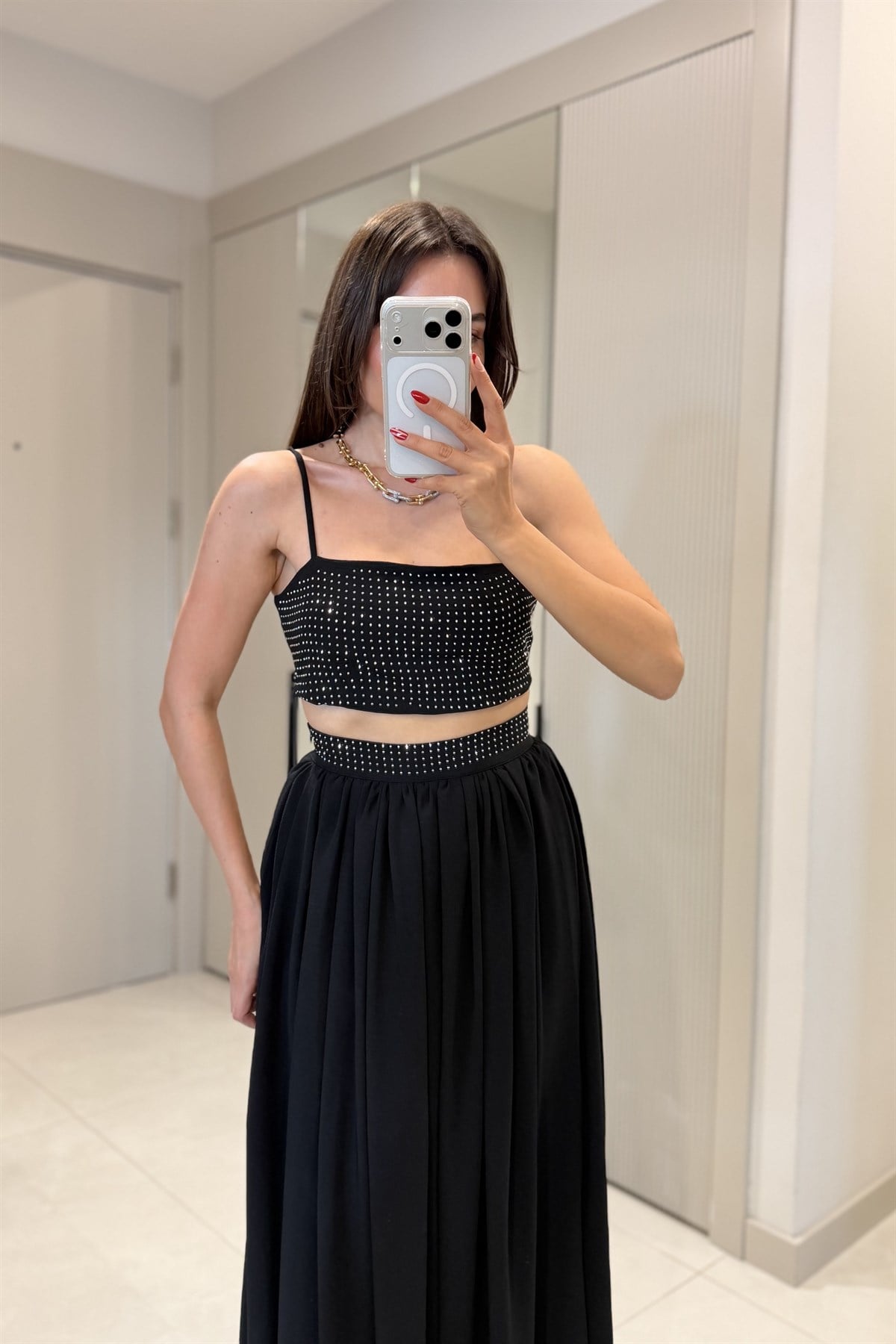 Pamela Siyah Taşlı Crop Etek Takım