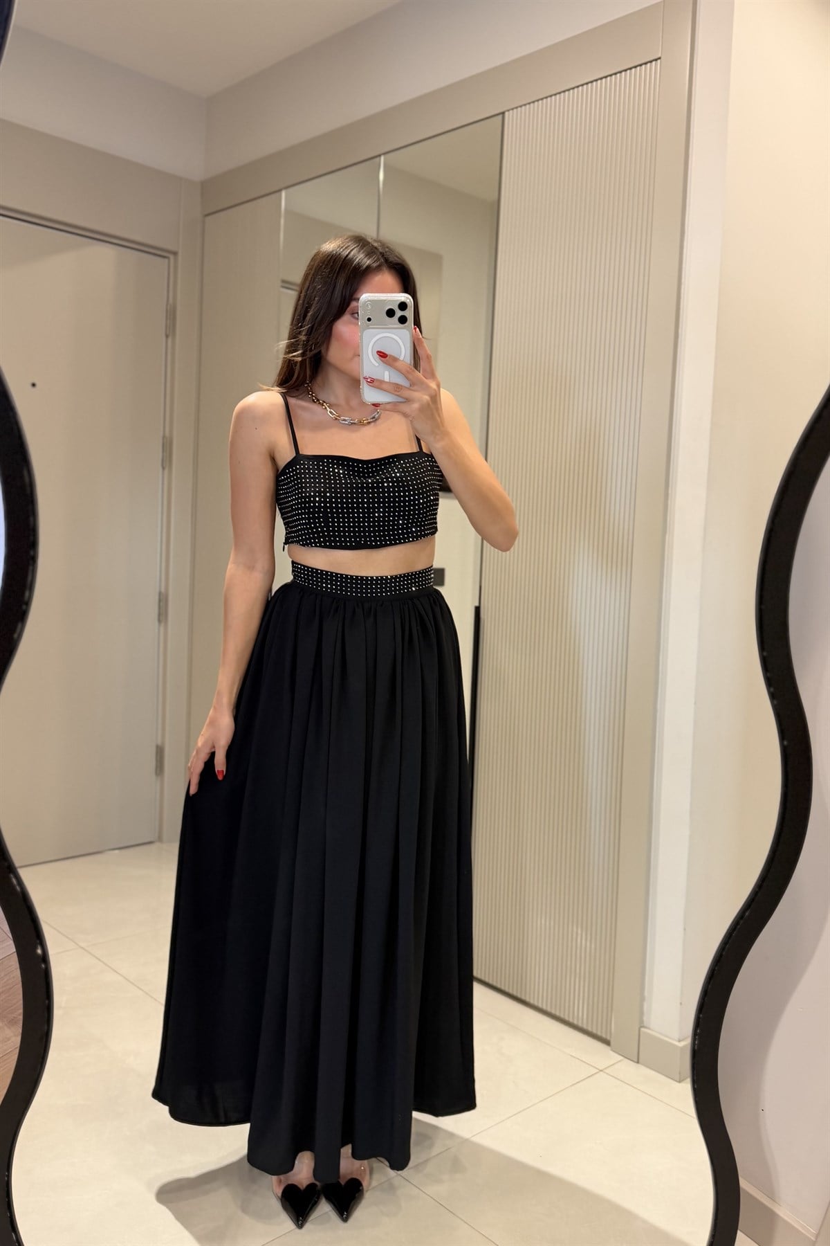 Pamela Siyah Taşlı Crop Etek Takım