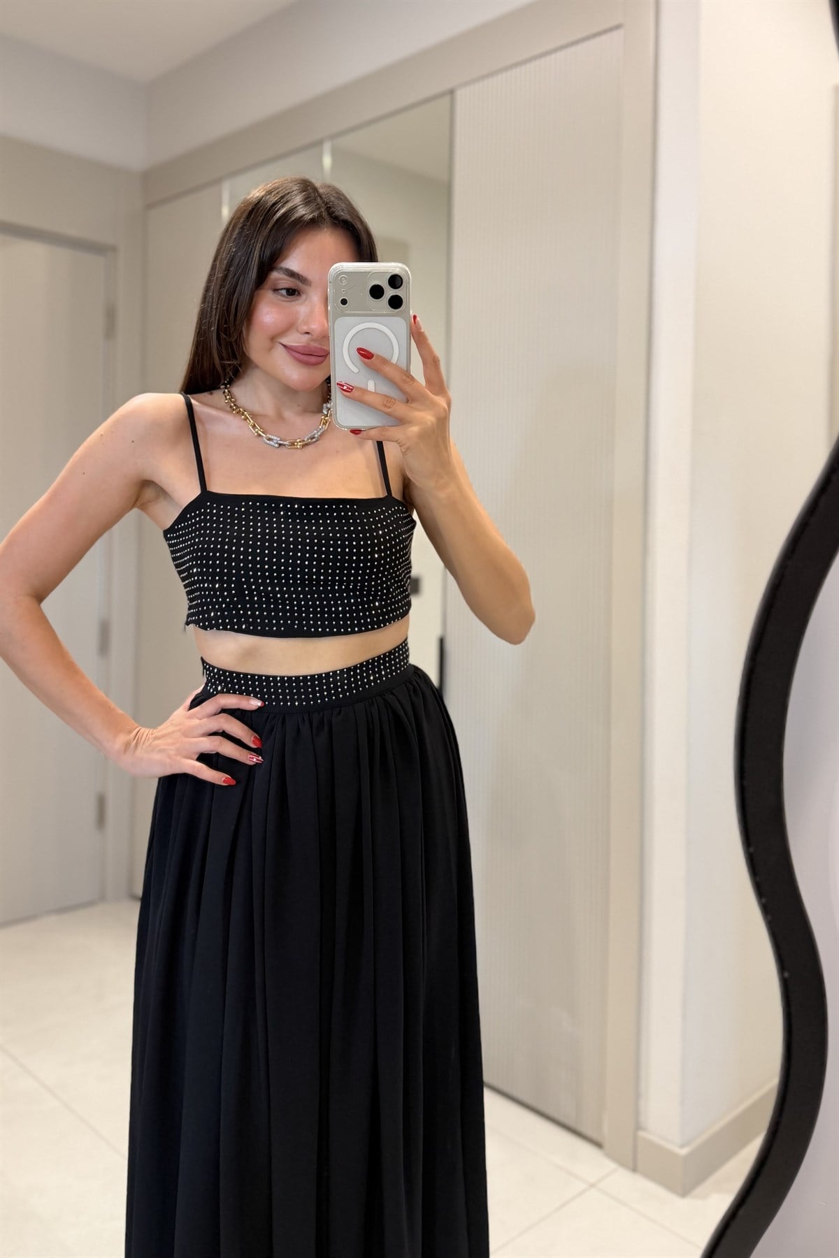 Pamela Siyah Taşlı Crop Etek Takım