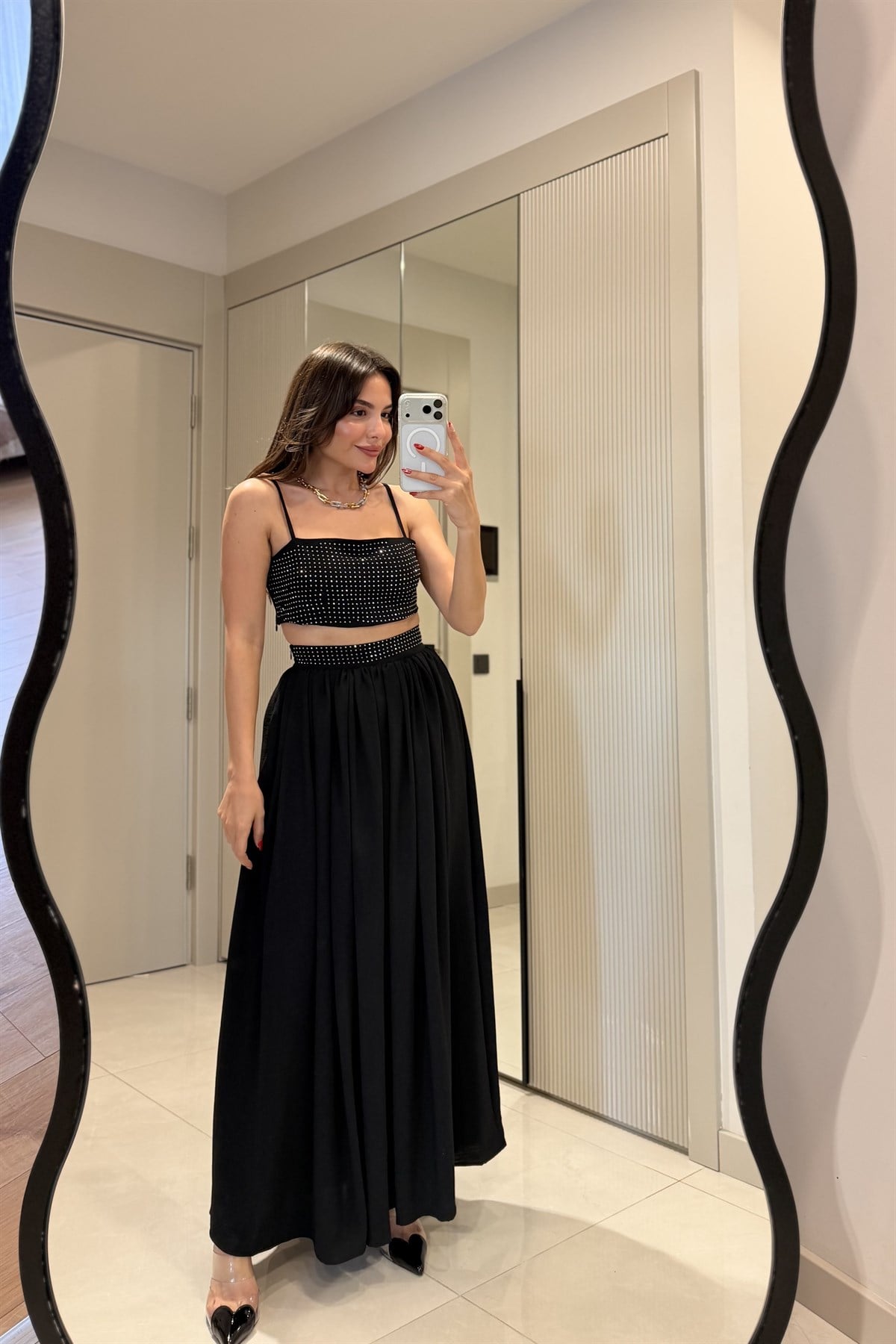 Pamela Siyah Taşlı Crop Etek Takım