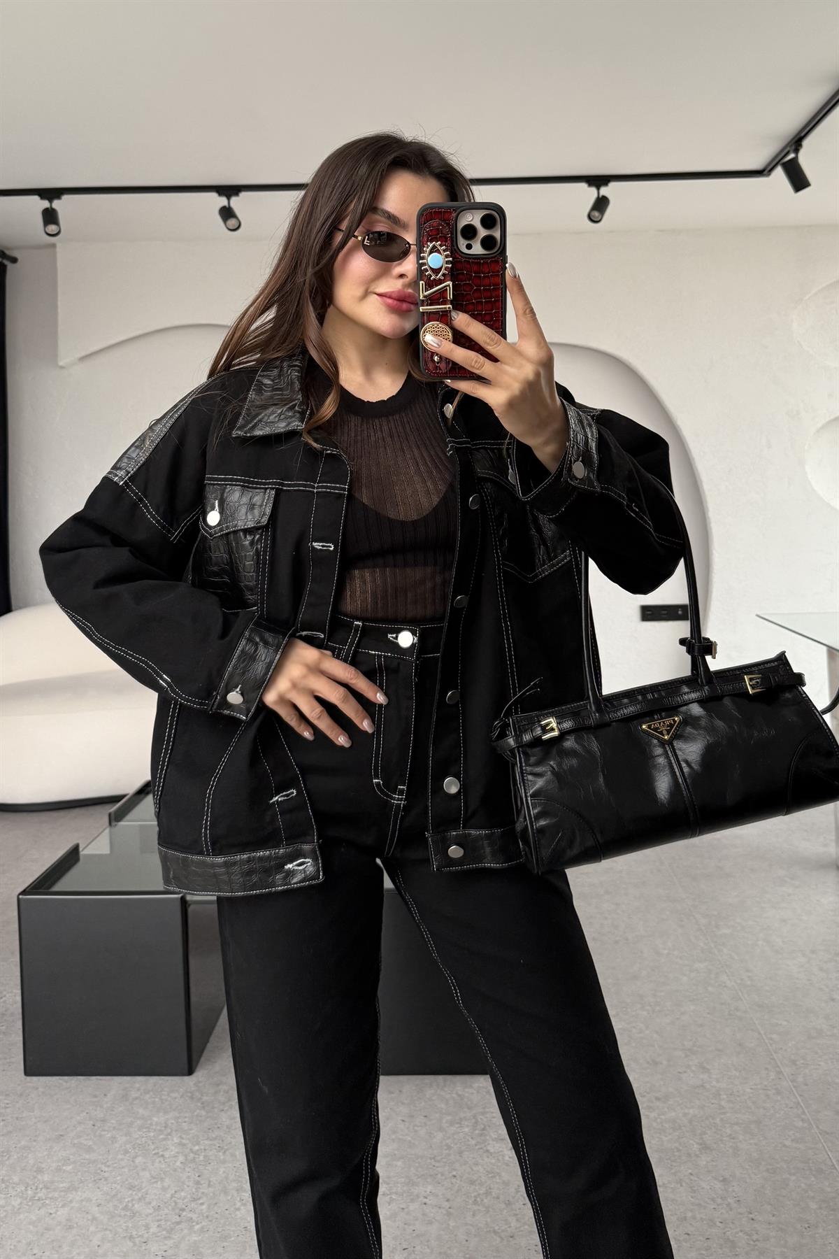 Panama Denim Deri Karışımlı Takım