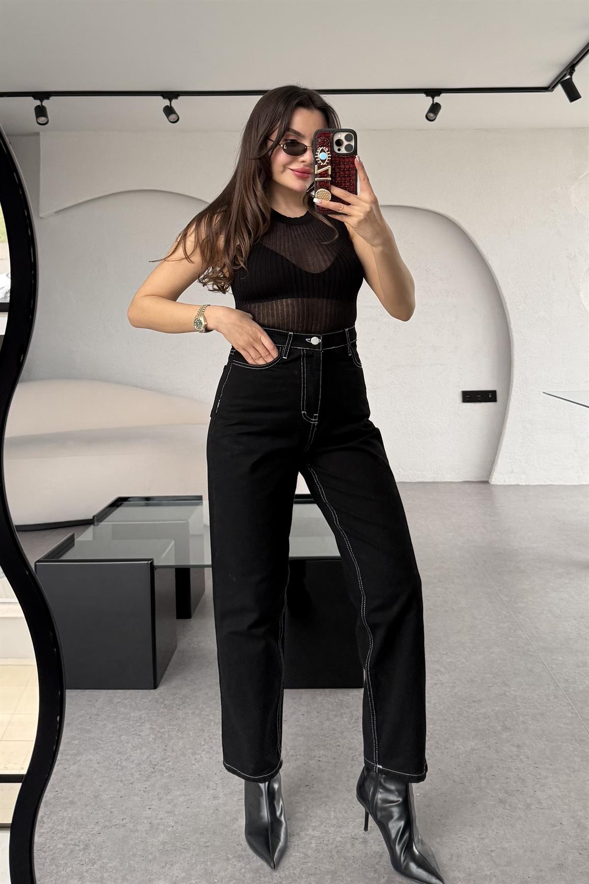 Panama Denim Deri Karışımlı Takım