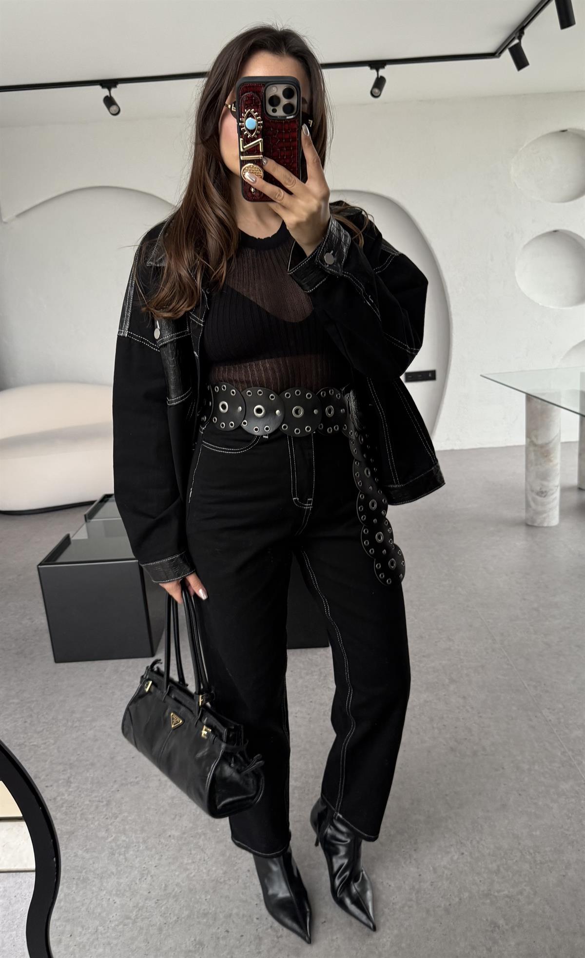 Panama Denim Deri Karışımlı Takım