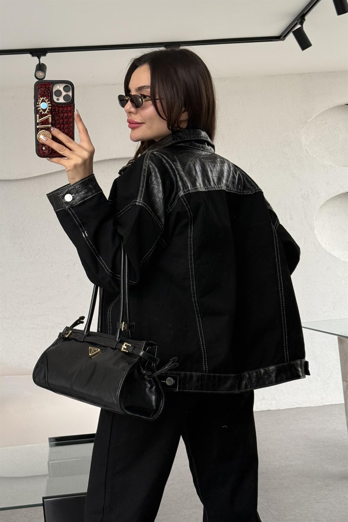 Panama Denim Deri Karışımlı Takım