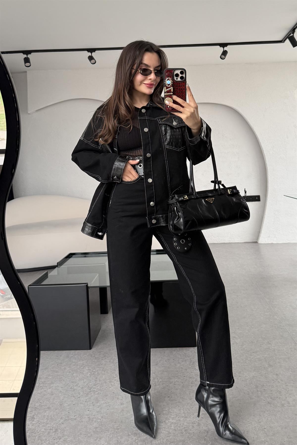 Panama Denim Deri Karışımlı Takım