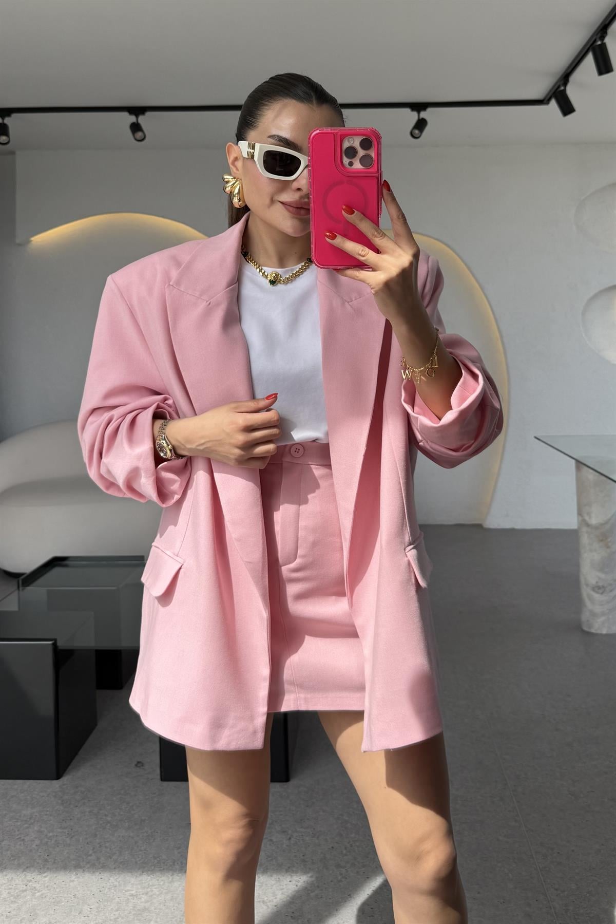 Pargeo Pembe Keten Şort Etek Blazer Takım 