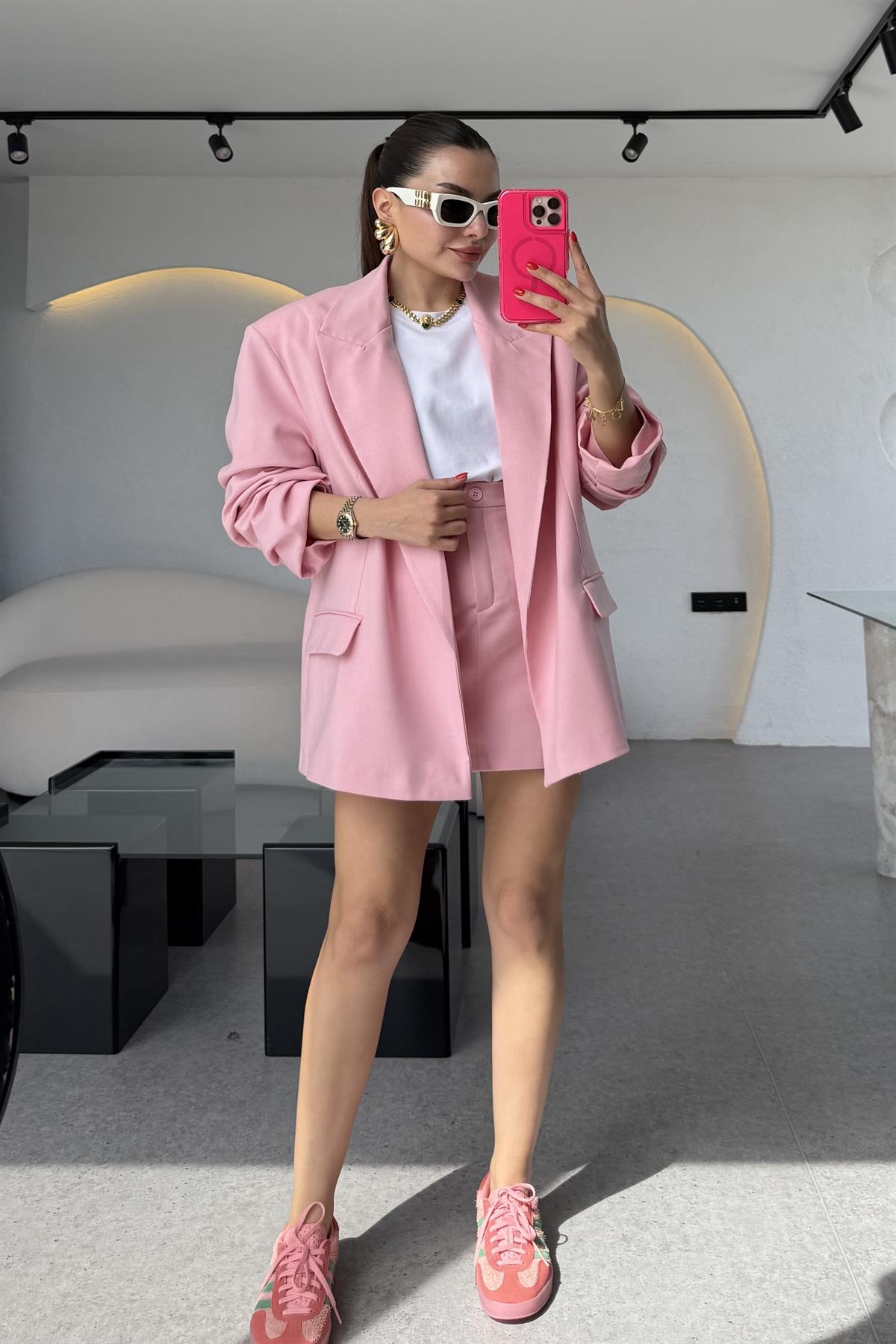 Pargeo Pembe Keten Şort Etek Blazer Takım 