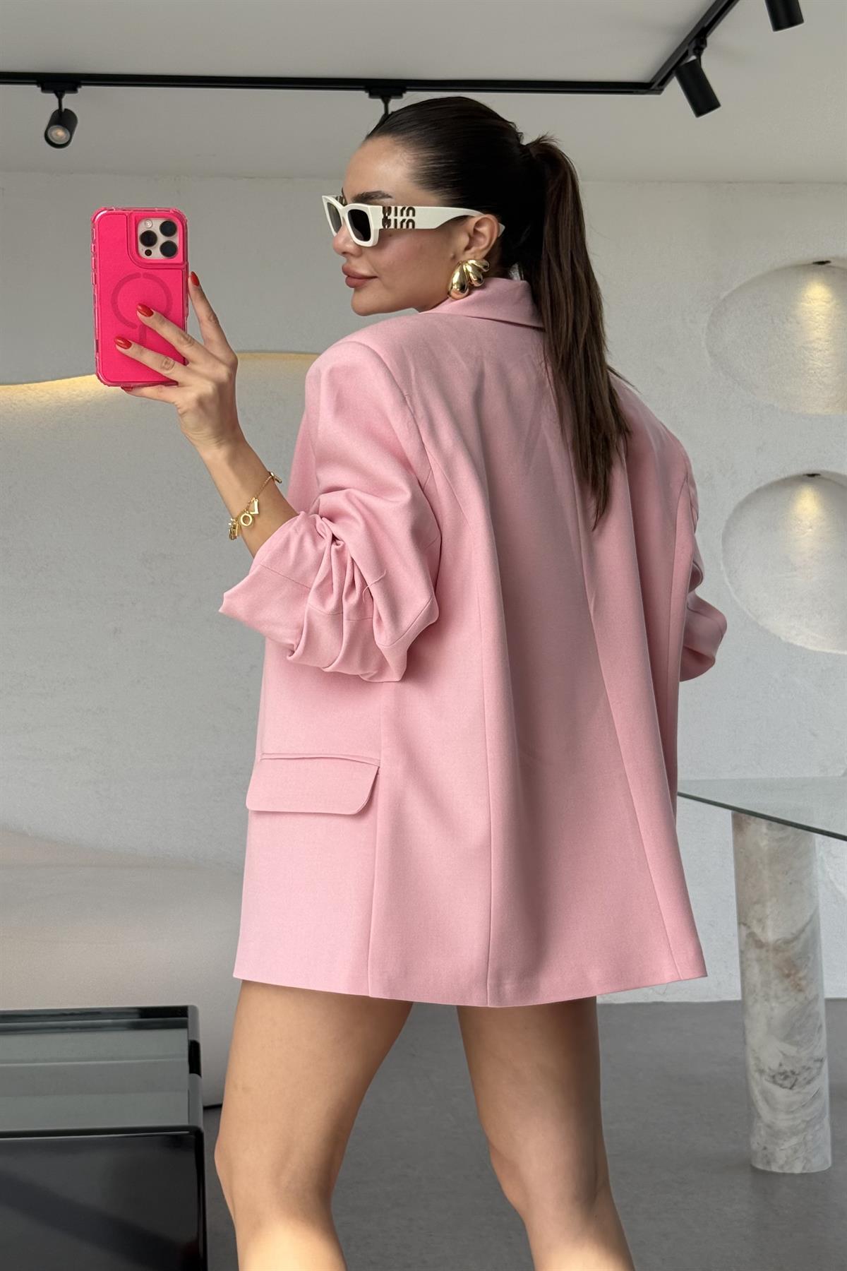 Pargeo Pembe Keten Şort Etek Blazer Takım 