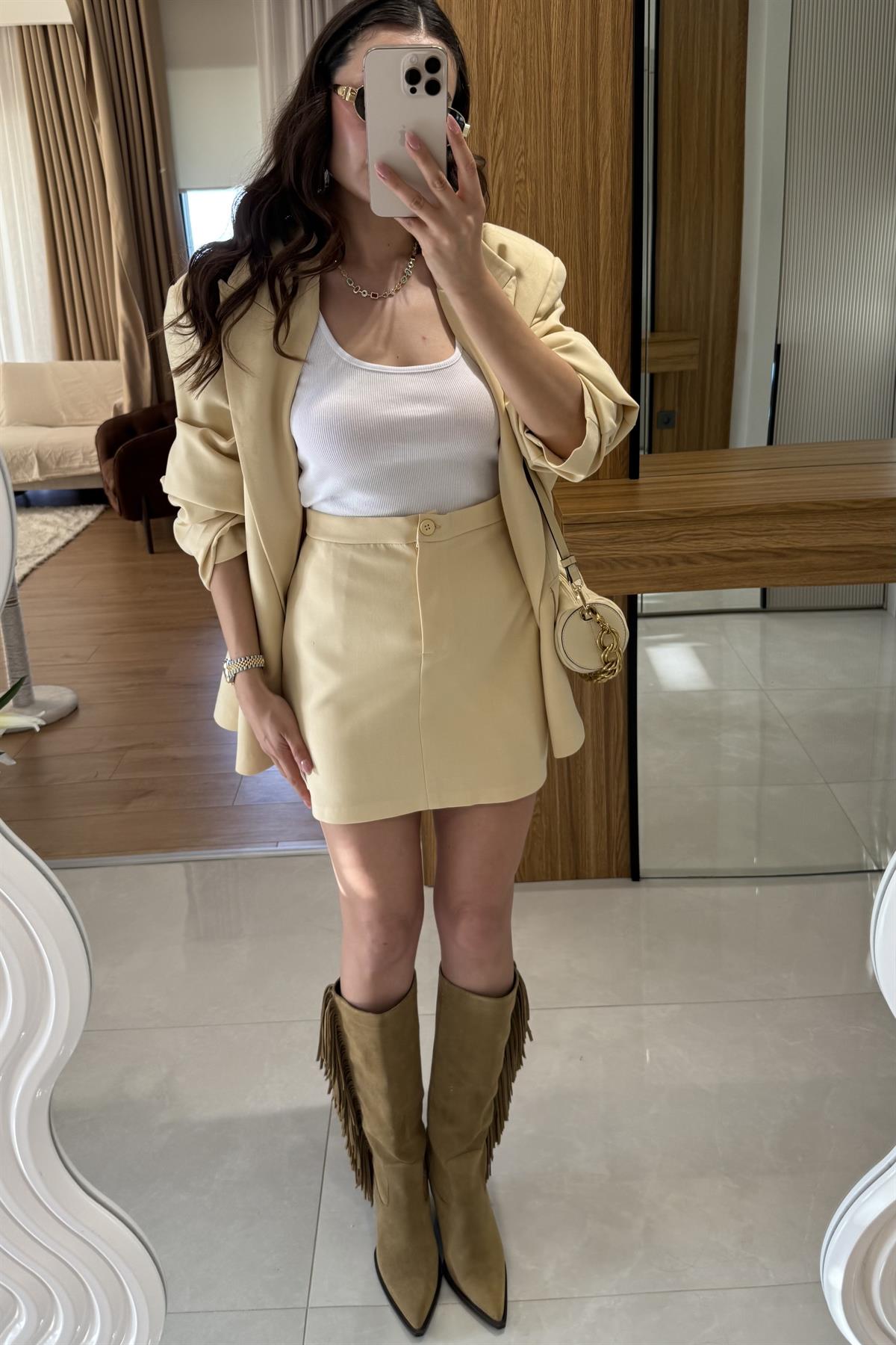 Pargeo Sarı Keten Şort Etek Blazer Takım 