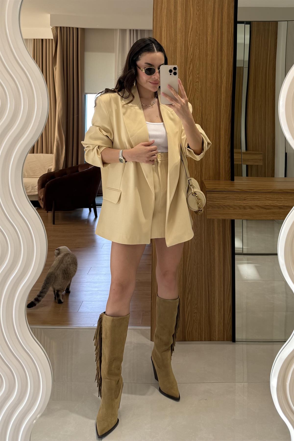 Pargeo Sarı Keten Şort Etek Blazer Takım 