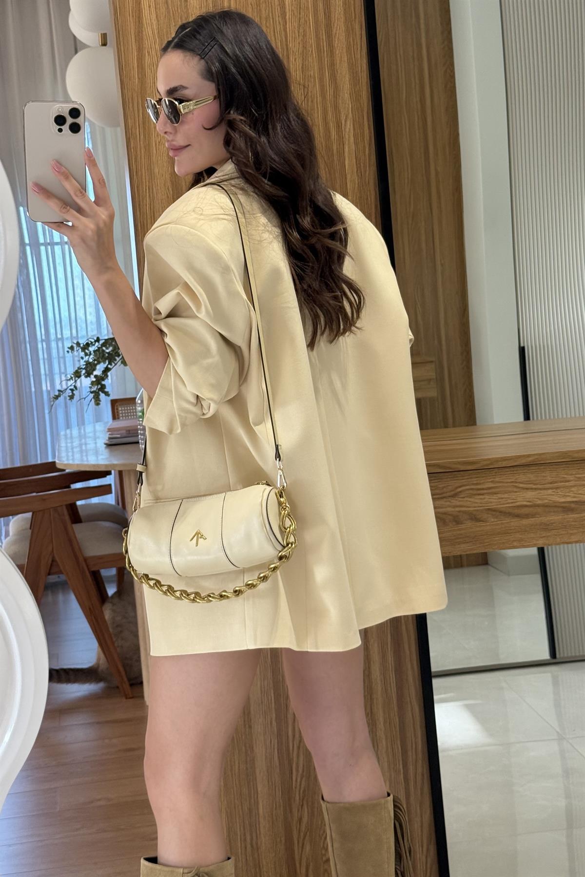 Pargeo Sarı Keten Şort Etek Blazer Takım 