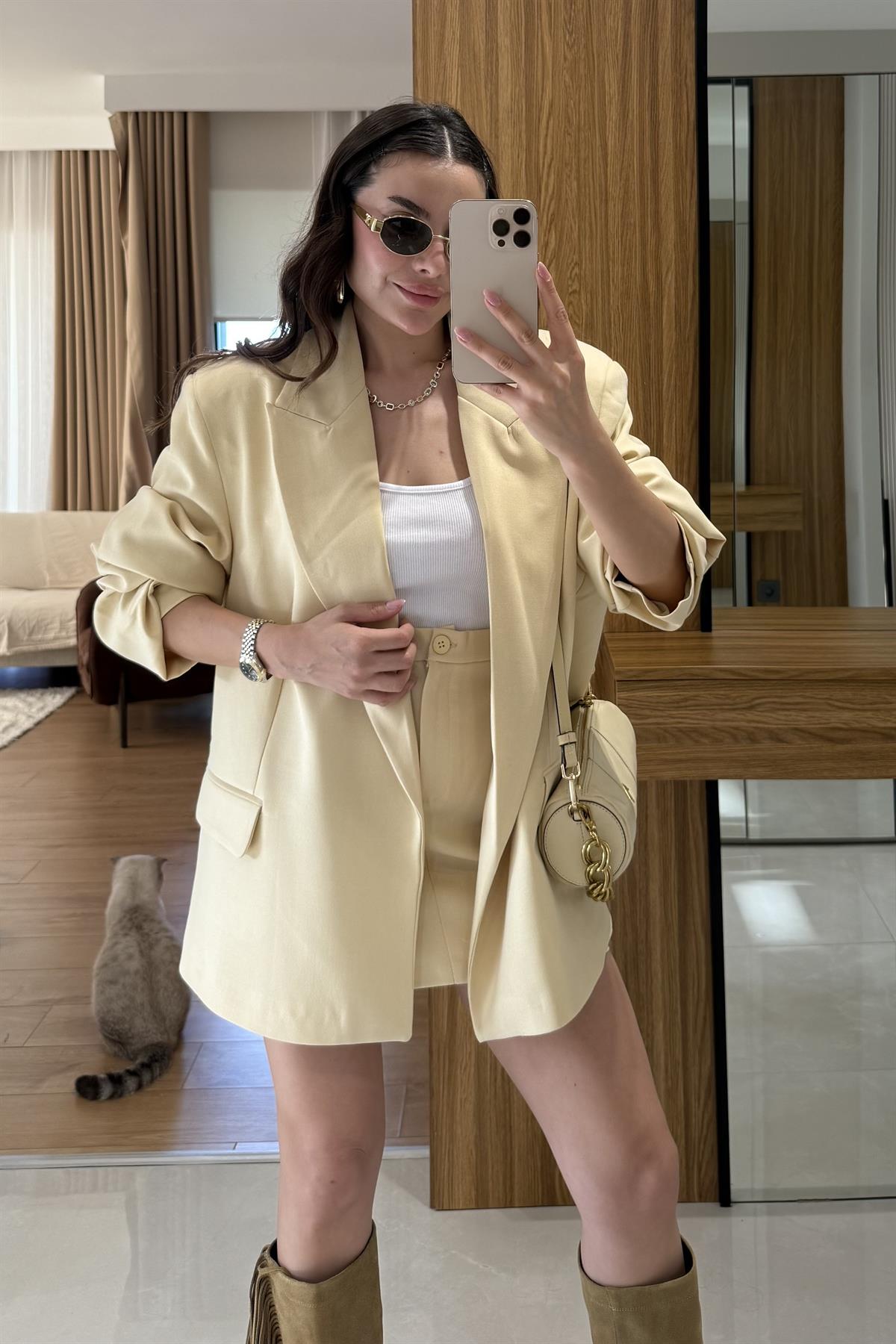 Pargeo Sarı Keten Şort Etek Blazer Takım 