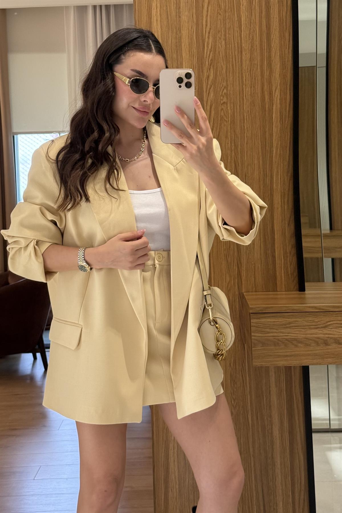 Pargeo Sarı Keten Şort Etek Blazer Takım 