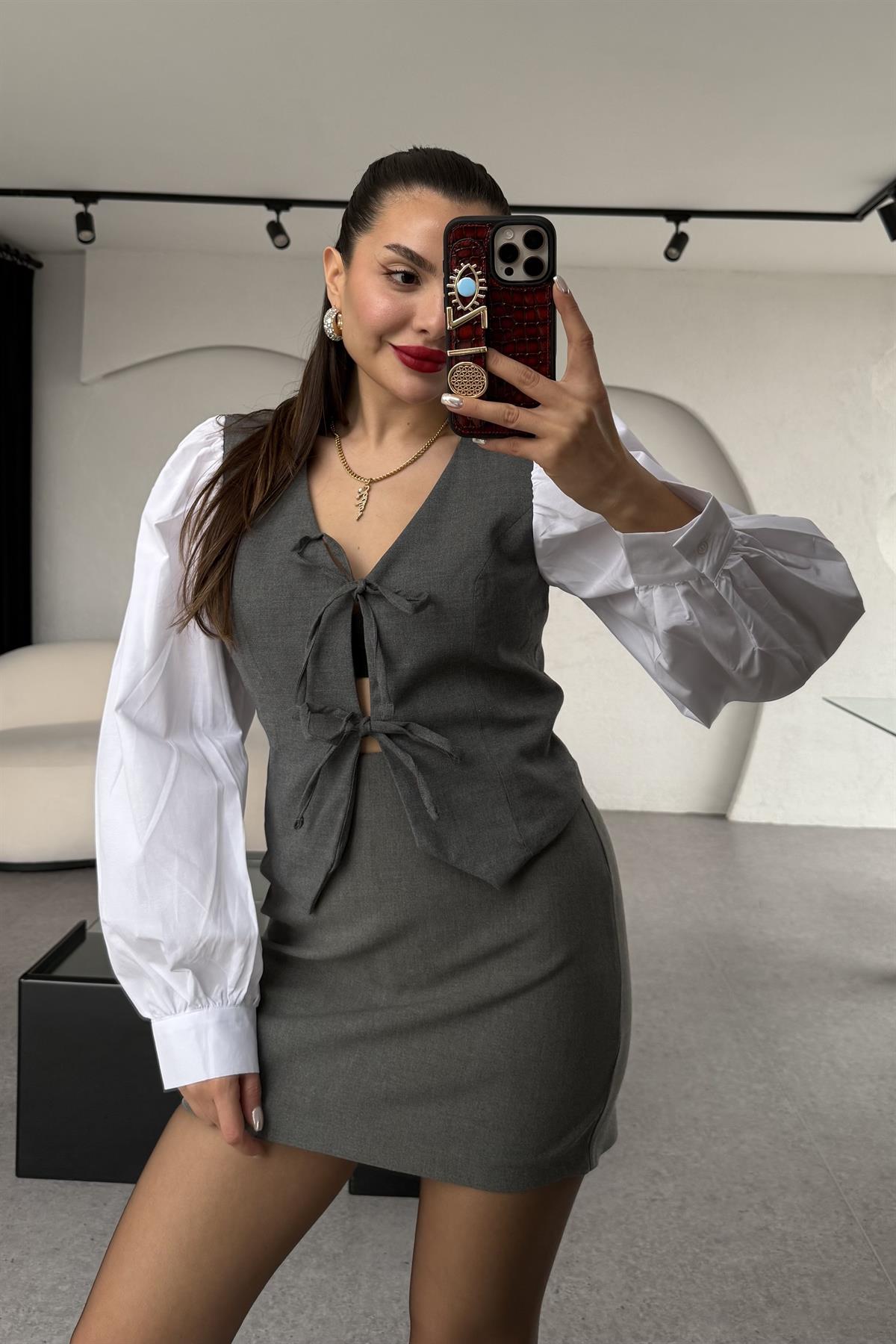 Parick Gri Bağlamalı Balon Kol Gömlek 