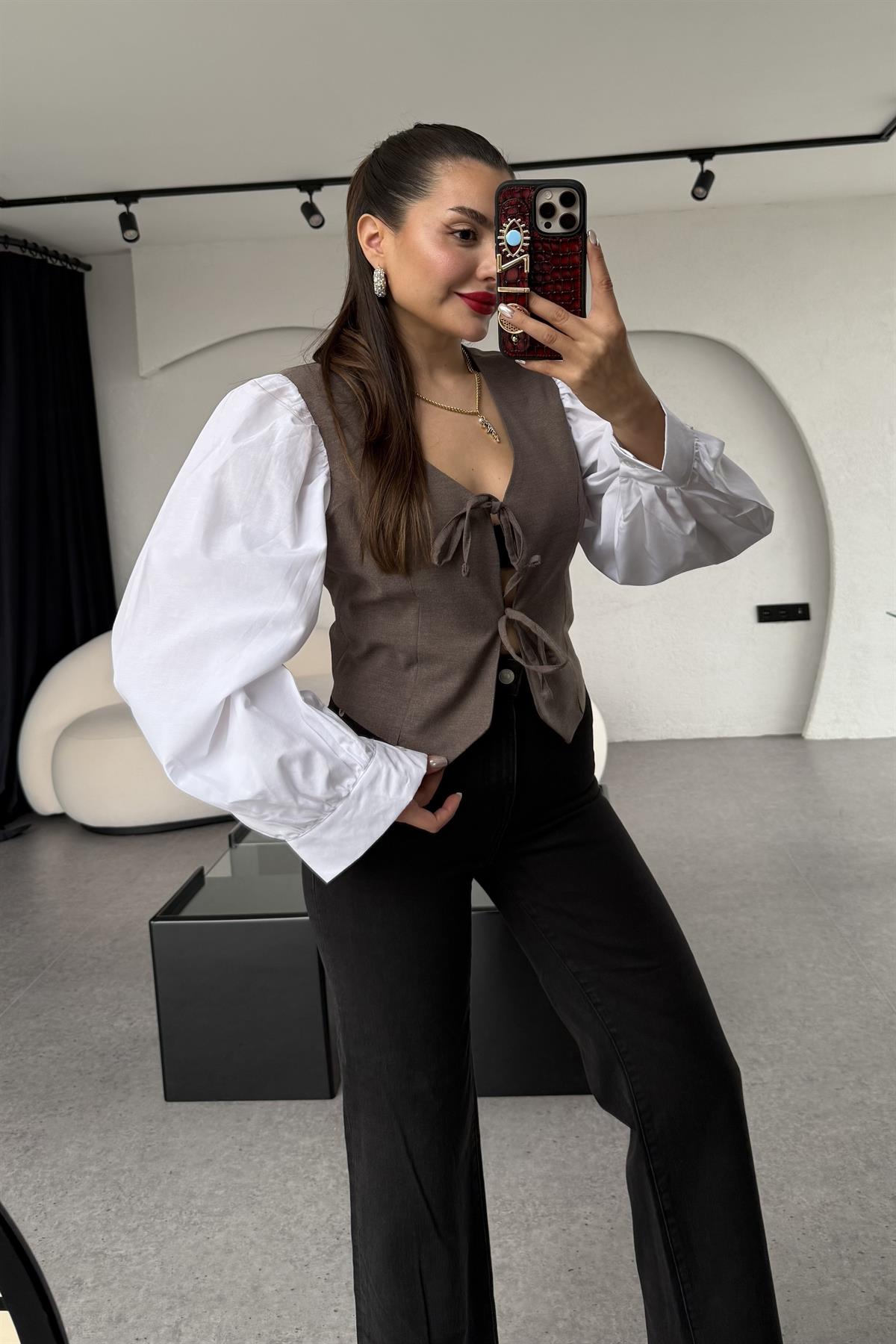 Parick Kahve Bağlamalı Balon Kol Gömlek 