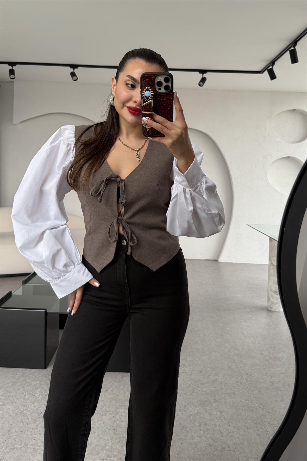 Parick Kahve Bağlamalı Balon Kol Gömlek 