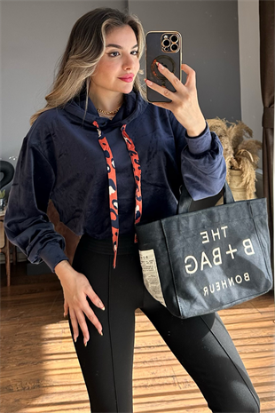 Parlak kadife dokulu lacivert sweat