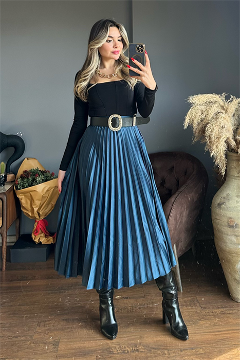 Parlement mavi pileli saten etek